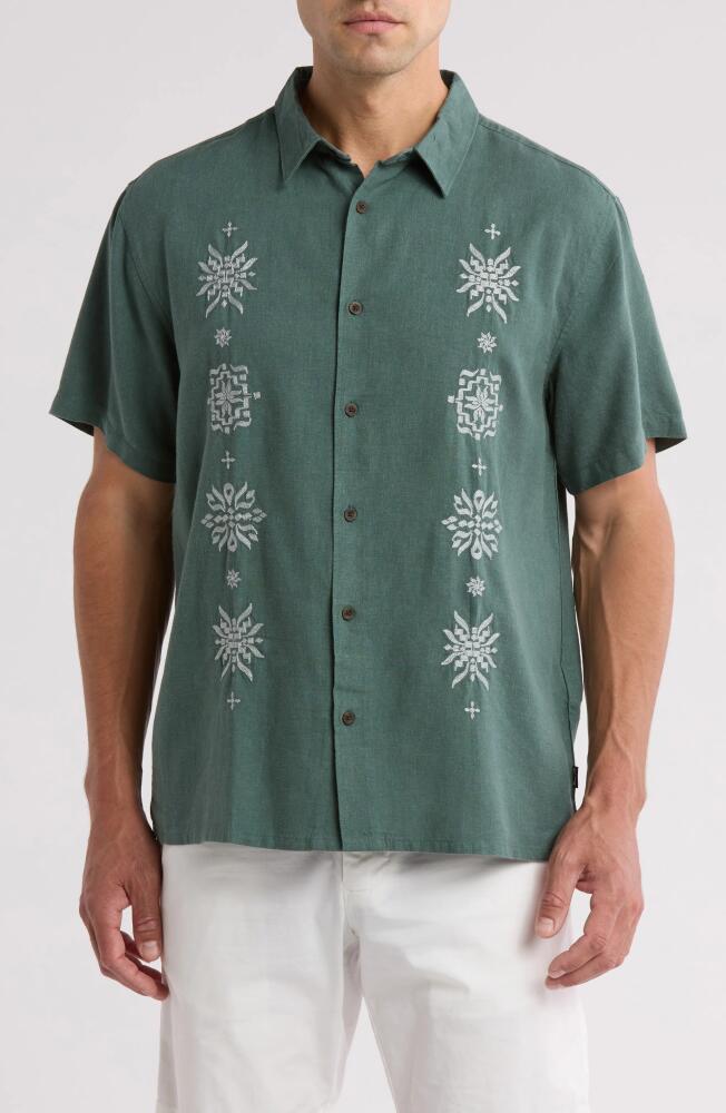 Billabong Frequency Embroidered Short Sleeve Linen Blend Button-Up Shirt in Marine Green Cover