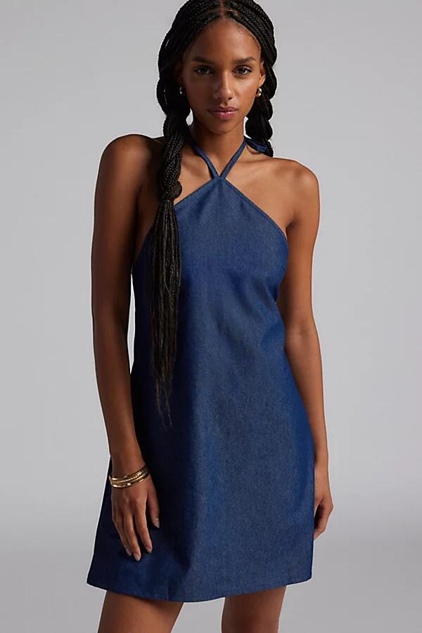 Motel Belinda Denim Y-Neck Halter Mini Dress in Rinsed Denim Cover