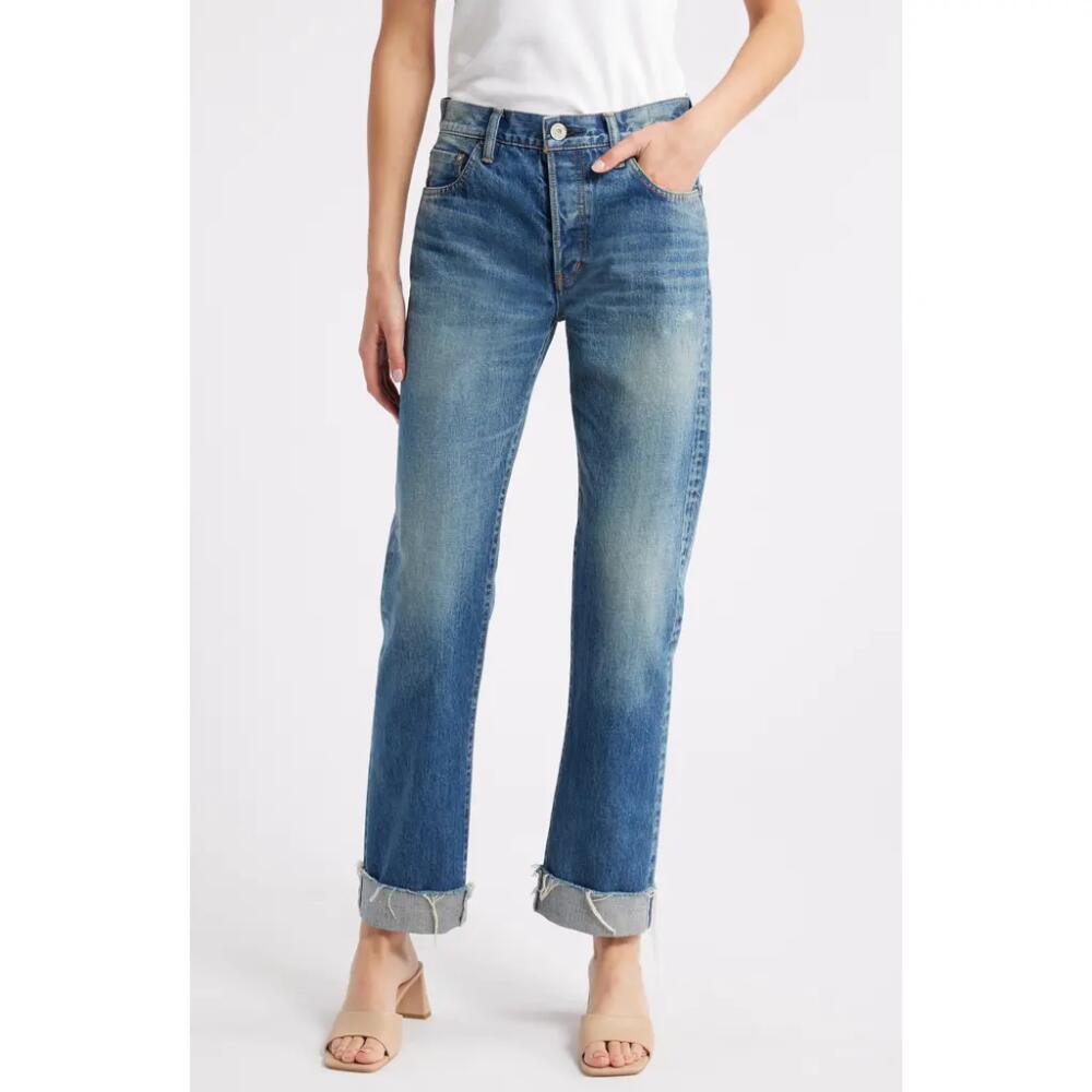 MOUSSY Hopewell High Waist Cuffed Raw Hem Straight Leg Jeans in Dark Blue Cover