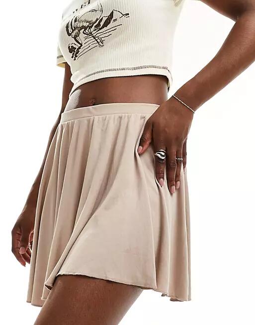 Monki super soft cupro A-line mini skirt in beige-Neutral Cover