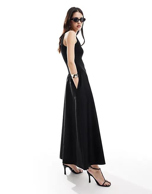 & Other Stories sleeveless maxi dress with volume hem in black mixed jersey and woven fabric Cover