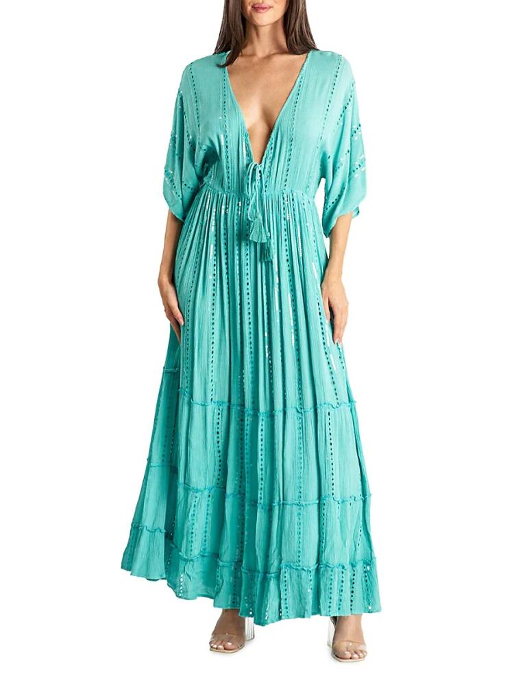 La Moda Clothing Women's Eyelet Tiered Maxi Dress - Teal Cover