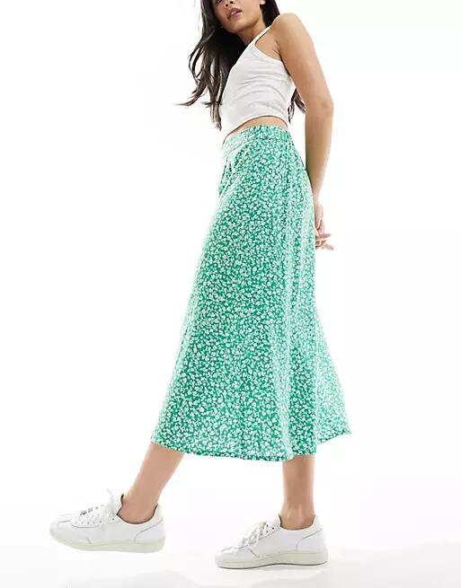 Monki midi skirt in green meadow floral-Multi Cover