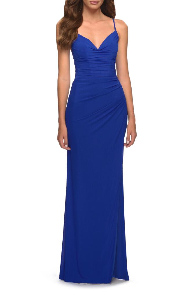 La Femme Lace-Up Back Ruched Jersey Gown in Royal Blue Cover