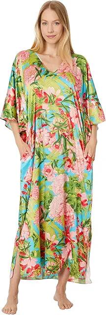 N by Natori Enchanted Peony - Satin 52 Caftan (Aqua Blue) Women's Pajama Cover