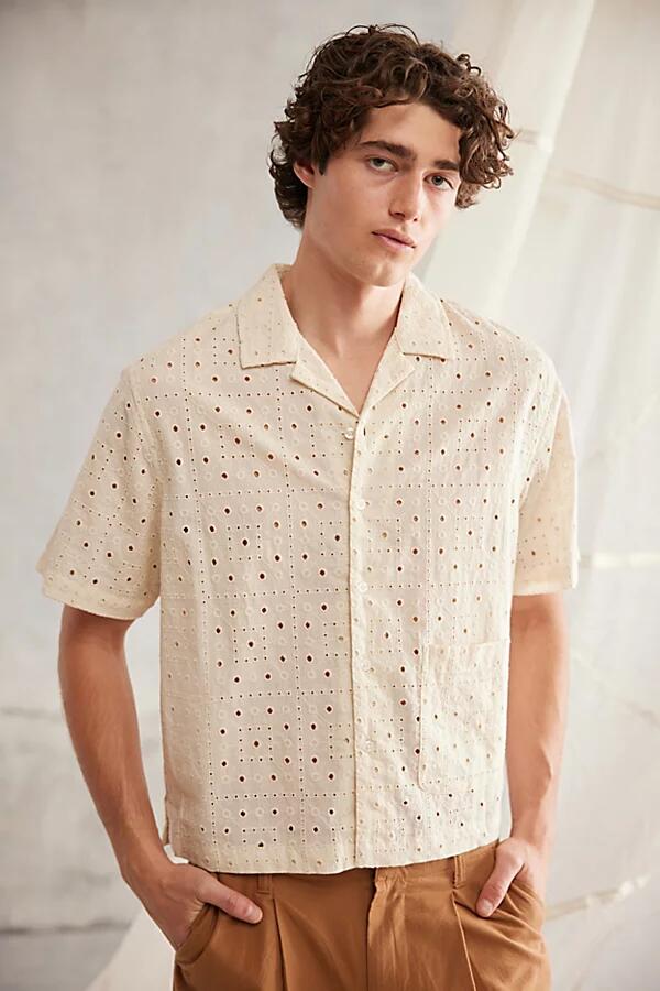 Standard Cloth Eyelet Pattern Short Sleeve Button-Down Cabana Shirt Top in Star White Cover