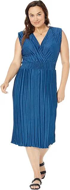 DKNY Plus Size Flutter Sleeve Smock Dress (Deep Sea) Women's Clothing Cover