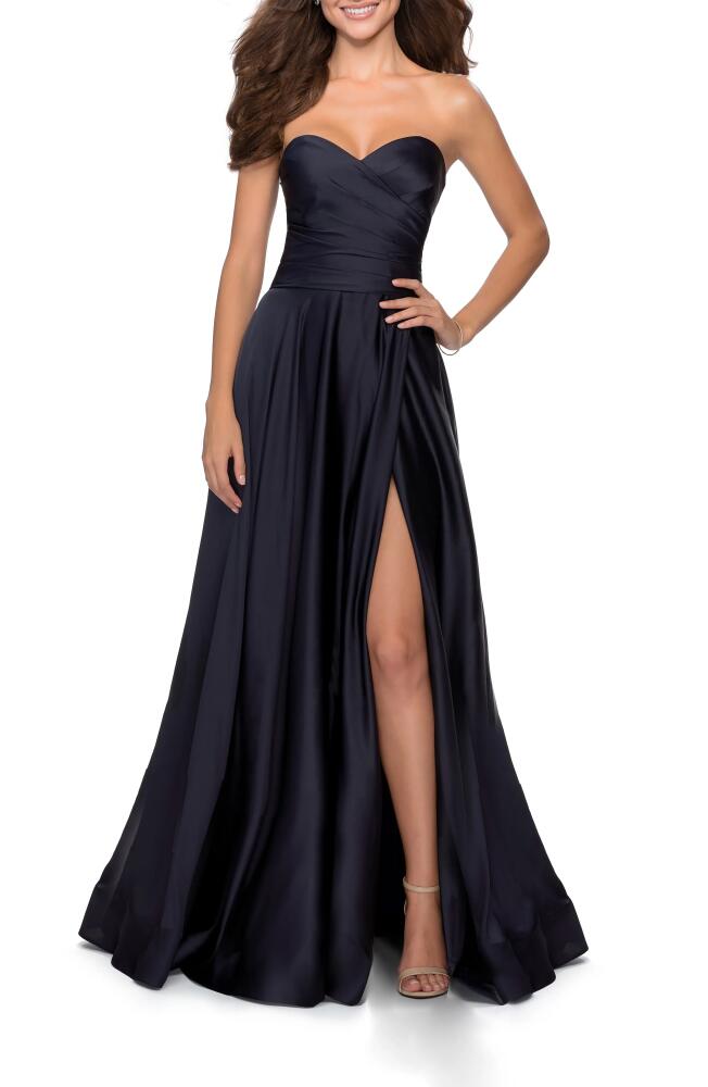 La Femme Strapless Slit Satin Ballgown in Navy Cover