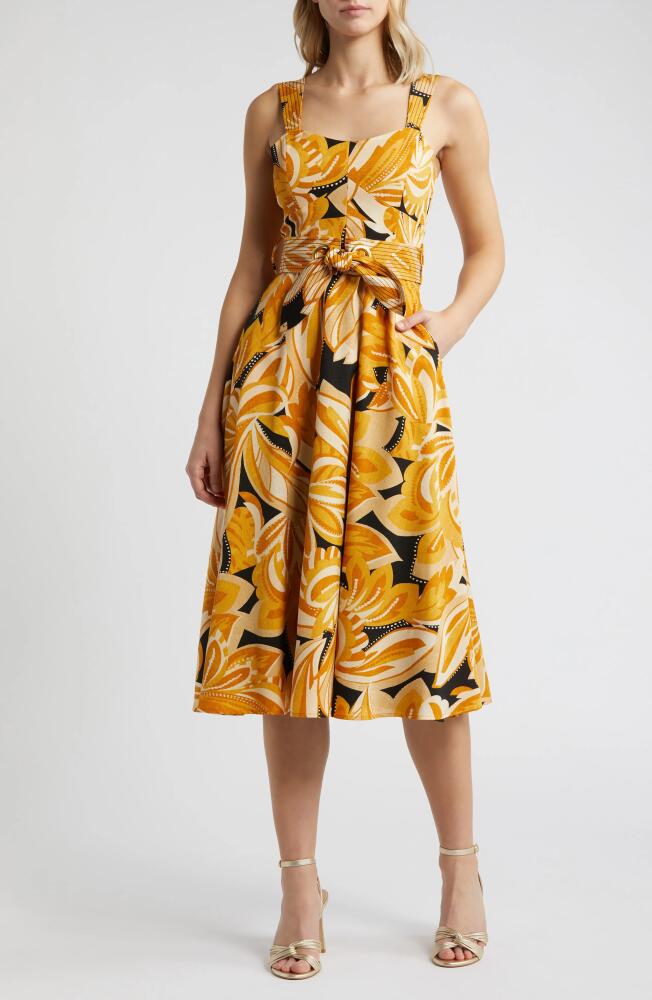 Tahari ASL Abstract Floral Belted Midi Dress in Mustard Black Cover