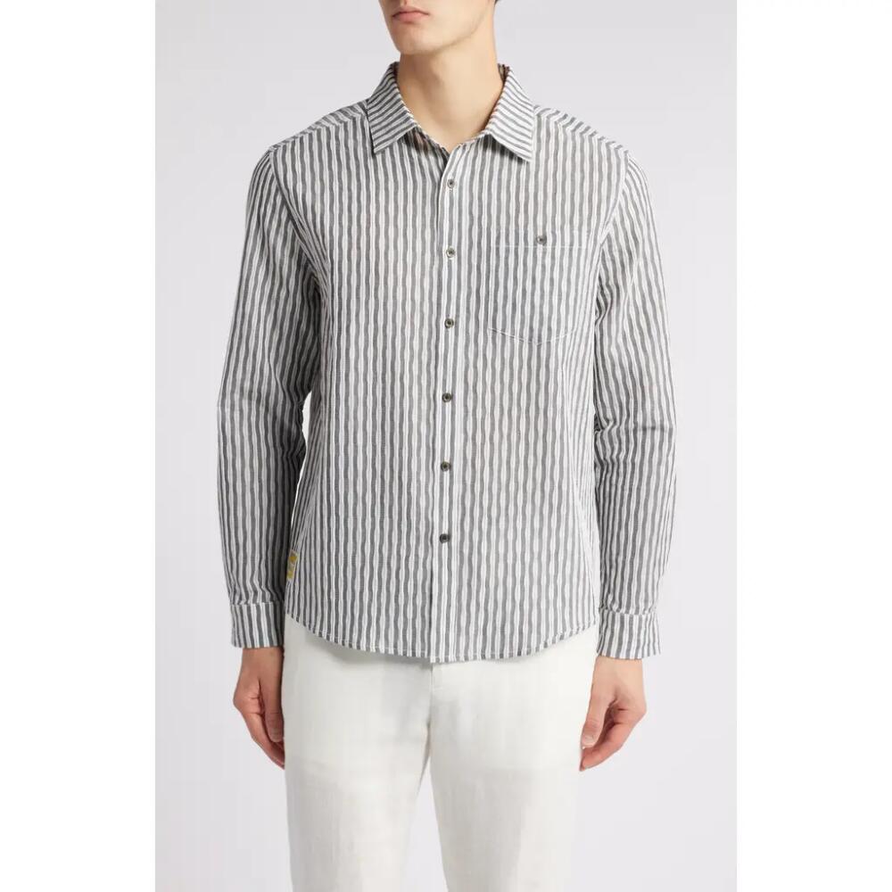 Percival Aegean Pearce Oversize Stripe Cotton Button-Up Shirt in Black W. White Cover