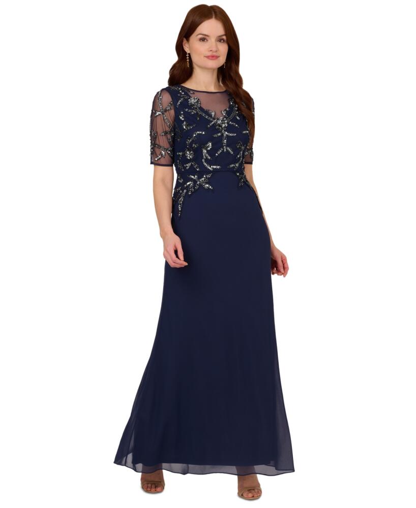 Adrianna Papell Women's Embellished Elbow-Sleeve Gown - Navy-metal Cover