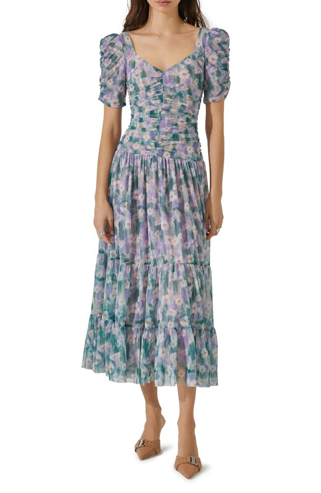 ASTR the Label Floral Print Ruched Maxi Dress in Green Lavender Floral Cover