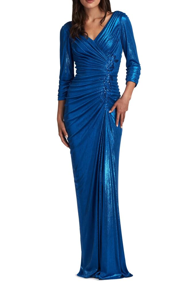 Tadashi Shoji Ruched Metallic Three-Quarter Sleeve Gown in Pacific Blue Cover