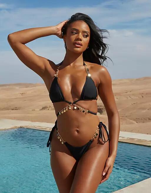 Moda Minx x Savannah-Shae Richards valentina coin wrap waist triangle bikini top in black Cover