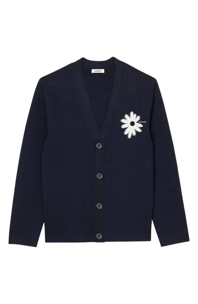 sandro Fuzzy Flower Cardigan in Navy Blue Cover