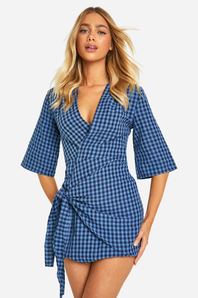 boohoo Womens Textured Gingham Wrap Dress - Blue Cover