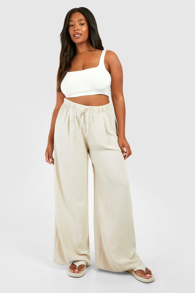 boohoo Womens Plus Woven Drawstring Wide Leg Pants - Beige Cover