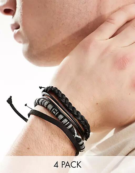 ASOS DESIGN 4 pack leather and woven bracelet in monochrome-Black Cover