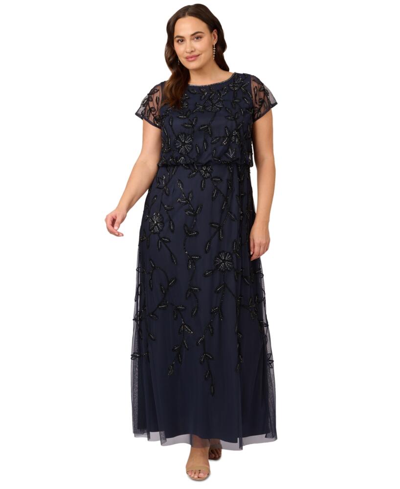 Adrianna Papell Plus Size Blouson Beaded Short-Sleeve Gown - Navy Black Cover