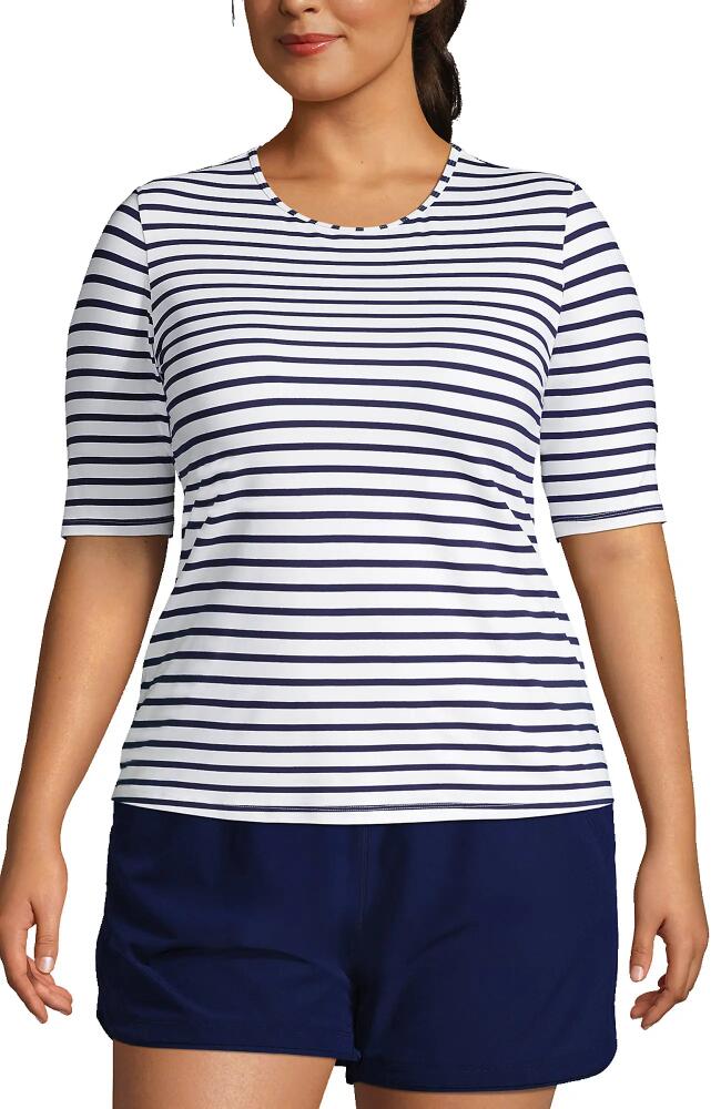 Lands' End Plus Size Crew Neck Rash Guard UPF 50 Swim Tee in White/deep Sea Stripe Cover