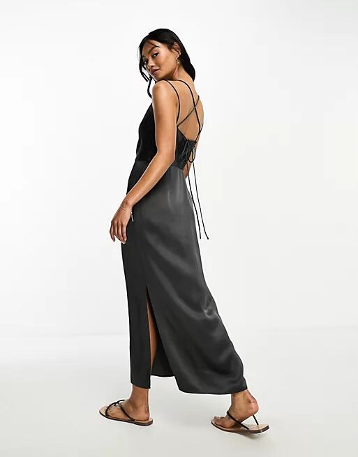 & Other Stories satin open back midi dress in dark gray Cover