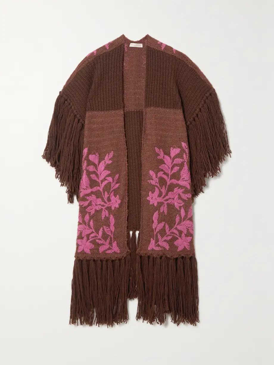 Valentino Garavani - Fringed Embroidered Wool And Silk-blend Wrap - Brown Cover