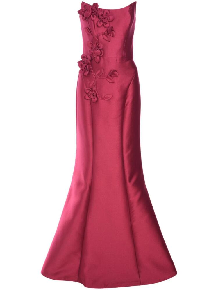 Marchesa Notte floral-appliqué satin gown - Pink Cover