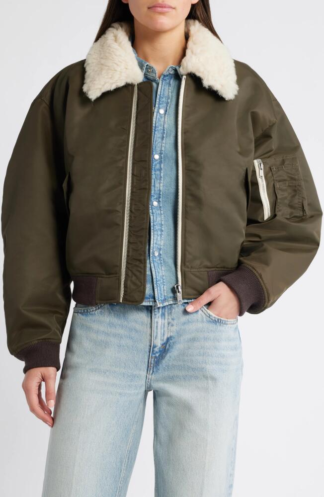 Re/Done Shrunken Genuine Shearling Collar Water Resistant Bomber in Dark Military Cover