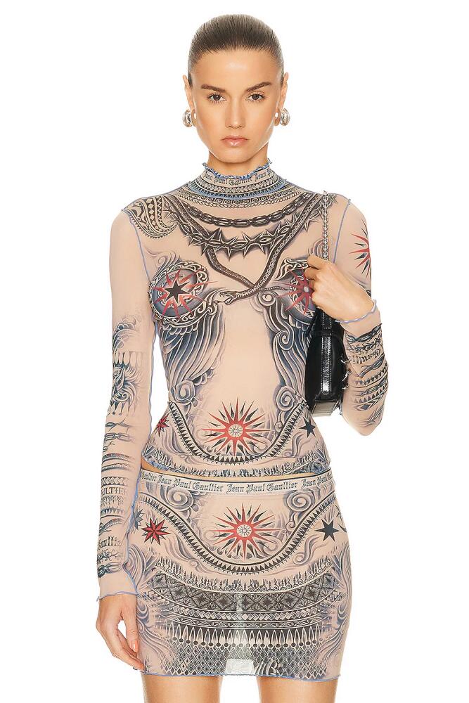 Jean Paul Gaultier Printed Soleil Long Sleeve High Neck Top in Nude Cover