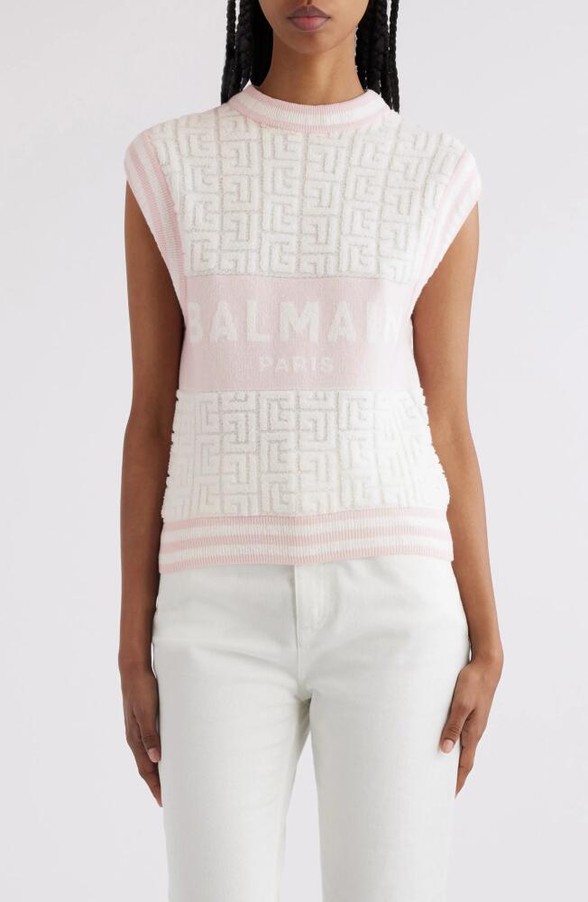 Balmain Monogram Sponge Knit Sleeveless Sweater in Gso White/Pale Pink Cover