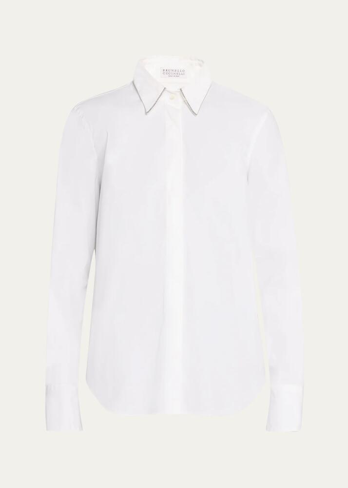 Brunello Cucinelli Poplin Button-Front Shirt with Monili Collar Cover