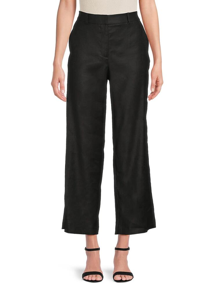 BCBGMAXAZRIA Women's Flat Front Linen Blend Straight Leg Ankle Trousers - Noir Cover