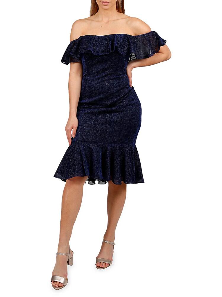 Rene Ruiz Collection Women's Off The Shoulder Glitter Cocktail Sheath Dress - Navy Cover