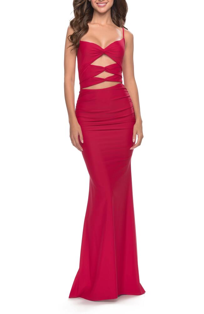 La Femme Cutout Jersey Gown in Red Cover