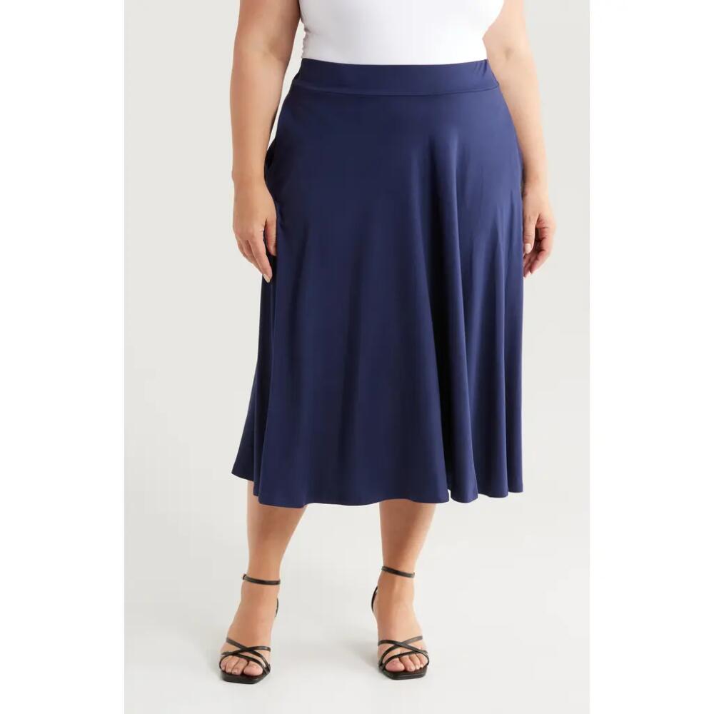 24seven Comfort Apparel Flowy Jersey Midi Skirt in Navy Cover