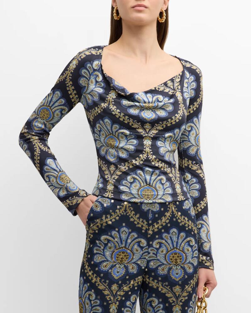 Etro Printed Jersey Open-Neck Knit Top Cover