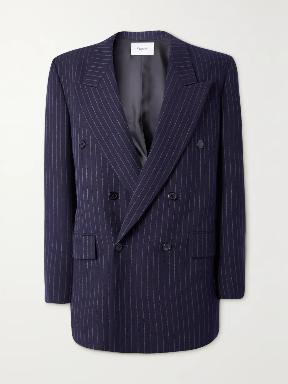 SAINT LAURENT - Double-breasted Pinstriped Wool-twill Blazer - Blue Cover