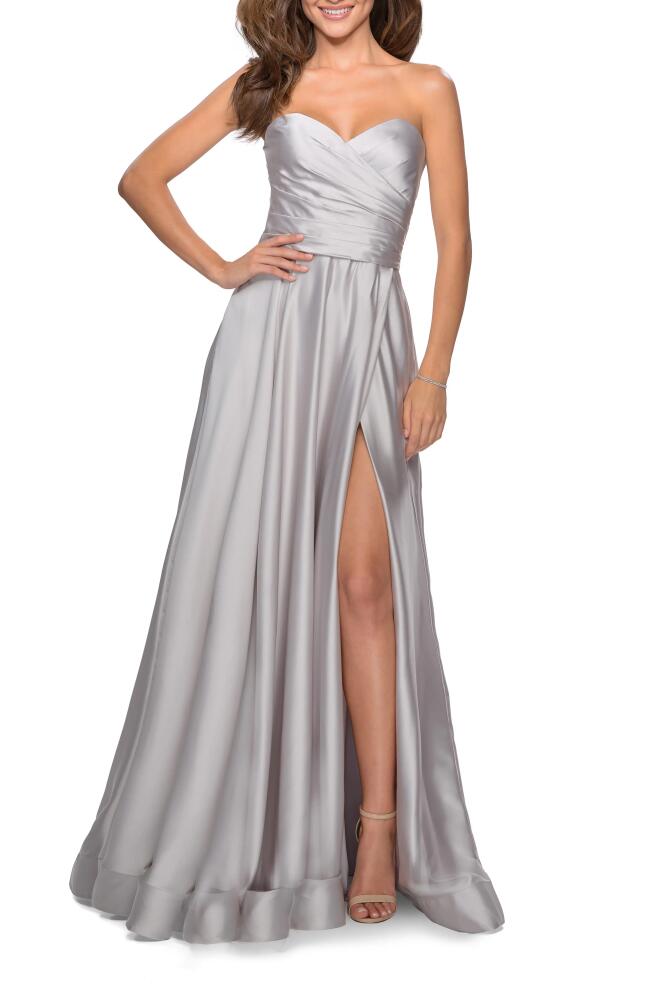 La Femme Strapless Slit Satin Ballgown in Silver Cover