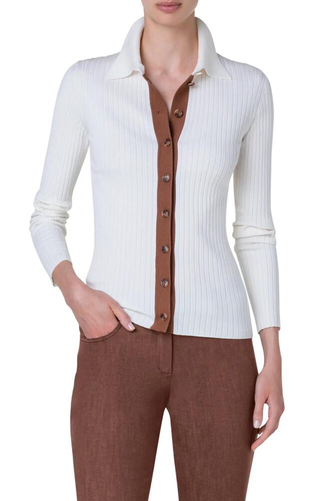 Akris Contrast Placket Cotton & Silk Blend Rib Cardigan in Ecru-Vicuna Cover