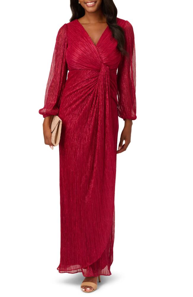 Adrianna Papell Metallic Long Sleeve Mesh Evening Gown in Scarlet Cover