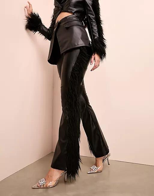 ASOS LUXE faux fur PU flare pants in black Cover