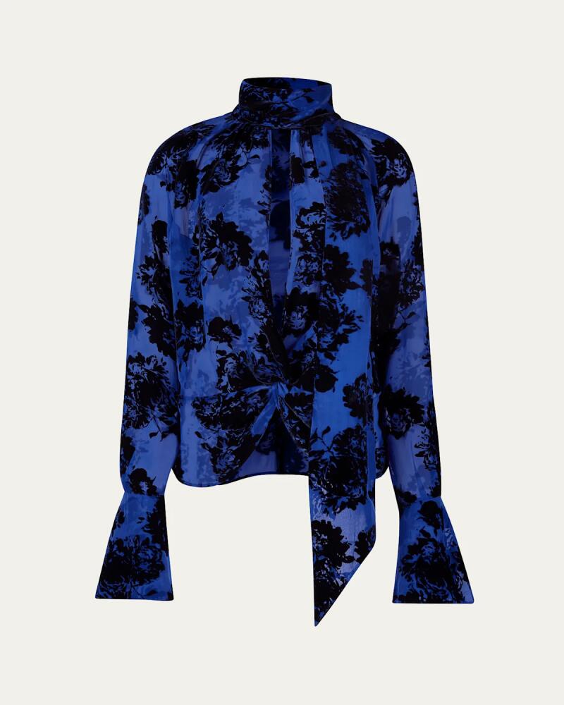 Nina Ricci Floral Velvet Devore Cutout Scarf-Neck Blouse Cover