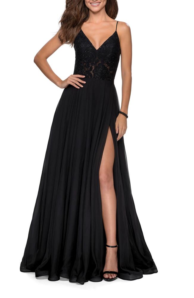 La Femme Sparkle Lace Chiffon Gown in Black Cover