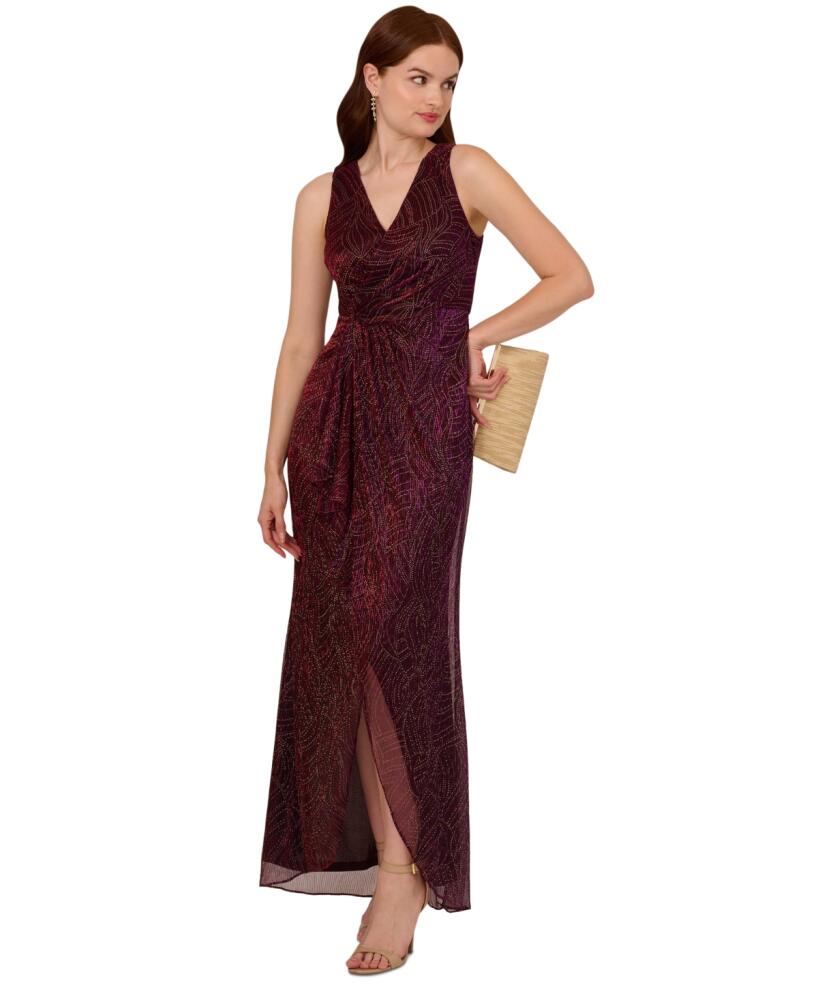 Adrianna Papell Women's Metallic Ruffled Sleeveless Faux-Wrap Gown - Burgundy Gold Cover