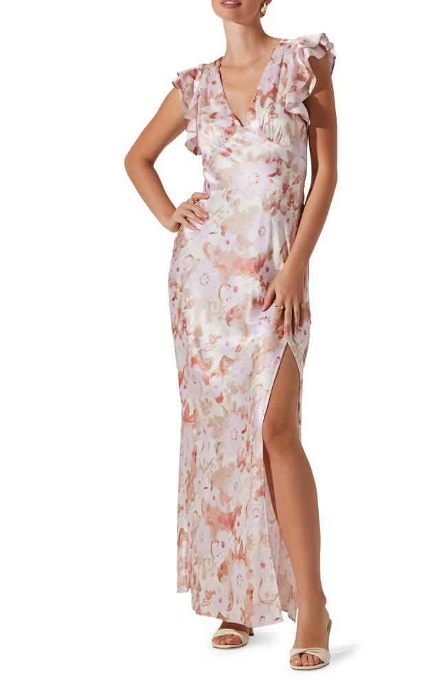 ASTR the Label Floral Flutter Sleeve Satin Maxi Dress in Pink Floral Cover