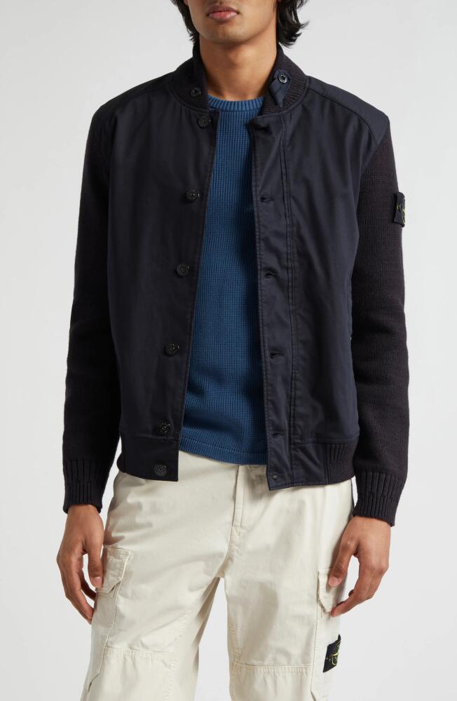 Stone Island Bio Raso Knit Sleeve Bomber Jacket in Navy Blue Cover