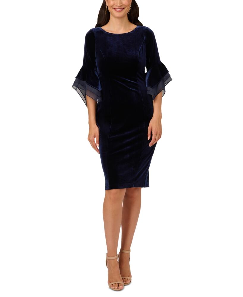 Adrianna Papell Women's Velvet Bell-Sleeve Mesh-Trim Dress - Midnight1 Cover