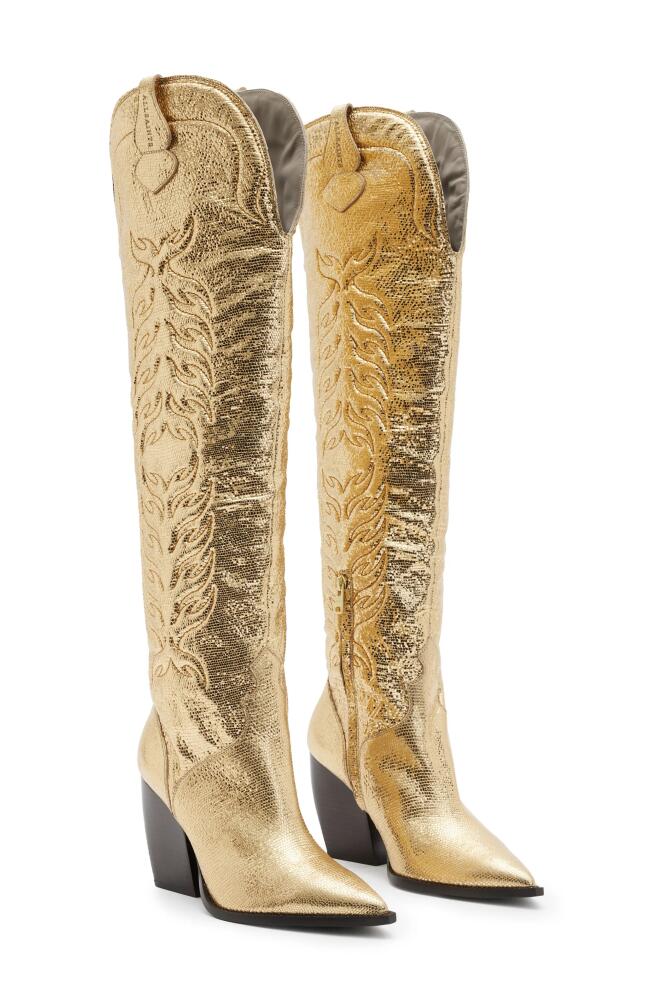 AllSaints Roxanne Over the Knee Western Boot in Metallic Gold Cover