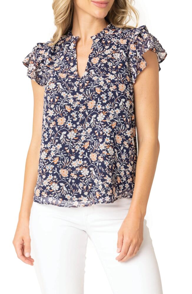 GIBSONLOOK Print Flutter Sleeve Top in Indigo Coral Floral Cover