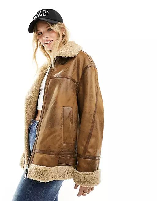 Bershka chunky faux shearling jacket in tan-Neutral Cover